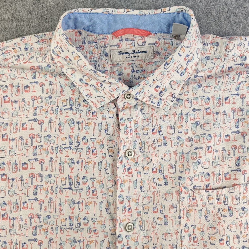 Tommy Bahama Nova Wave Seersucker Shirt Mens 2XLB Shark Margarita Geometric